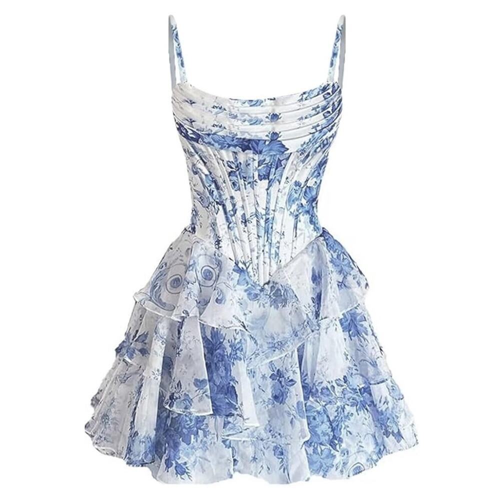 Floral Blue Fairy Tiered Ruffle pleated mini dress Size 12 Party cocktail SZ 12